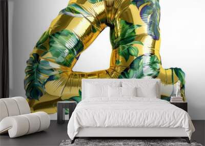 gold yellow color metallic leaves 4 number balloon Realistic 3D on white background. Generative ai Wall mural