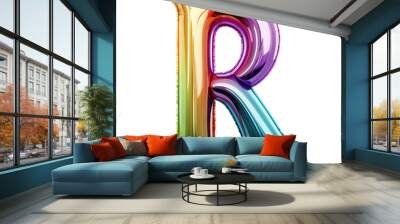 Rainbow metallic Alphabet R balloon Realistic 3D on white background. Generative AI Wall mural