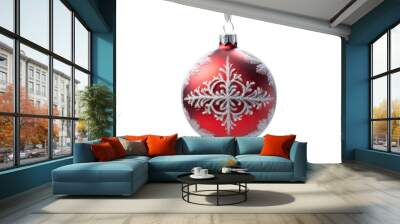 Red Christmas ball with ribbon and a bow on white background. Generative AI Wall mural