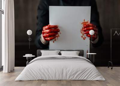 Bloody Red Hands Holding A Blank Piece Of Paper  Wall mural