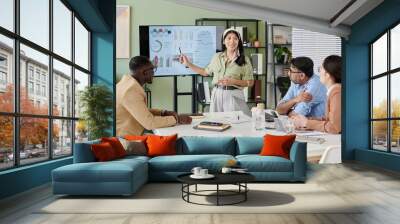 Businesswoman presenting data on screen to diverse colleagues in modern office environment. Engaging in discussion while using presentation tools and charts Wall mural