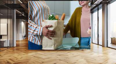 Close-up of African volunteer delivering paper bag with food for senior woman to home Wall mural