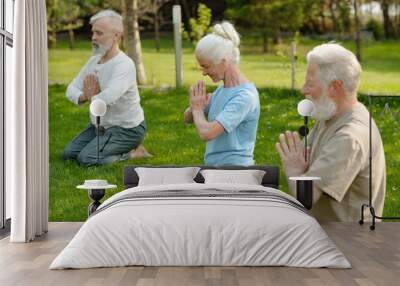 Focus on aged woman with white hair practicing yoga exercise while standing on her knees on green lawn between two bearded men Wall mural