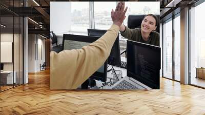 Happy young female programmer giving high-five to African American colleague over computer monitor after decoding new language Wall mural