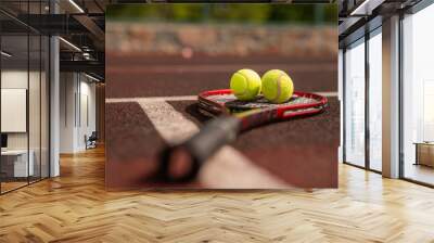 Two balls for playing tennis on racket crossing white line Wall mural