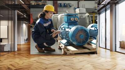 Young serious female engineer in protective helmet and workwear squatting by new industrial equipment and using digital tablet Wall mural