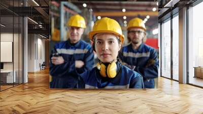 Young serious female worker of large industrial plant or factory in workwear and protective helmet standing against two male colleagues Wall mural