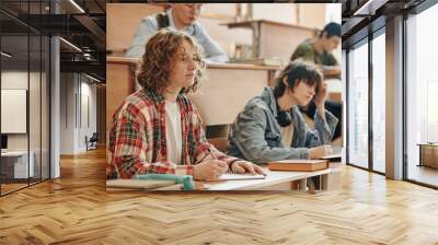 Youthful serious student looking at blackboard and listening to teacher while sitting by desk in lecture room and making notes Wall mural