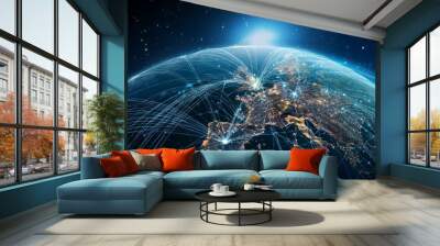 Capture Earth from space, adorned with intricate data overlays tracking global technology reach Utilize a photorealistic digital technique to emphasize the vast impact Wall mural