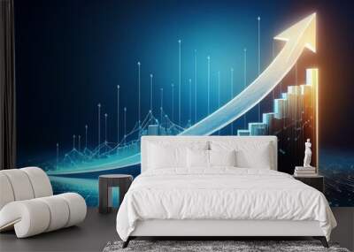 Dynamic 3D Financial Growth Graph with Upward Arrow on Dark Blue Background Illustrating Stock Market and Investment Concepts in Modern Trading Environment Wall mural