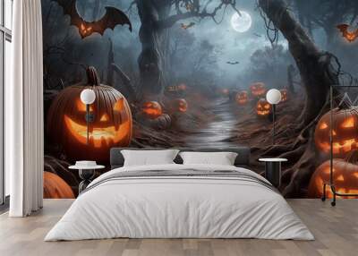 Forest path with glowing Halloween pumpkins in dark spooky forest. Mystical spooky autumn forest in Halloween night. Wall mural