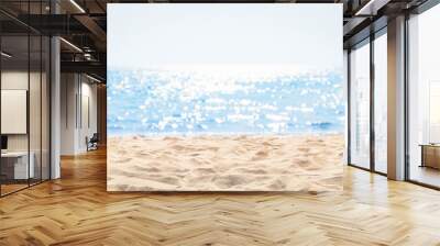 Panorama of a beautiful white sand beach and turquoise water in Maldives. Blur bokeh light of calm sea and sky. Focus on sand foreground. Wall mural