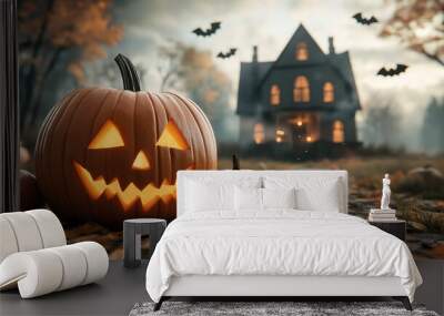 Spooky Halloween pumpkins Jack o'Lantern against dramatic Halloween landscape with old gothic castle and bats. Colorful creepy pumpkin. Wall mural