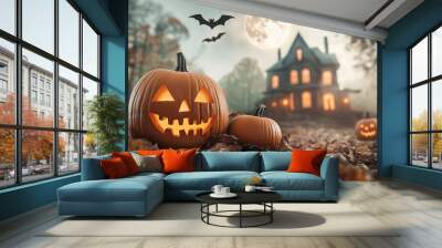 Spooky Halloween pumpkins Jack o'Lantern against dramatic Halloween landscape with old gothic castle and bats. Colorful creepy pumpkin. Wall mural