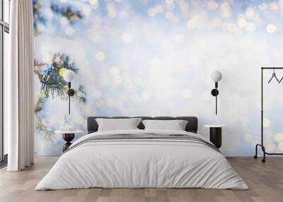 Winter fir tree christmas scene with sunlight. Wall mural