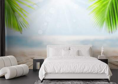 Wooden table top on blue sea and white sand beach background. Wall mural