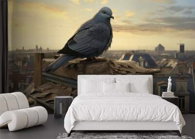 A pigeon perched on beautiful house rooftop Wall mural