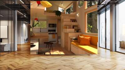 A tiny house interior with architectural design and stairs are going to the floor beding Wall mural