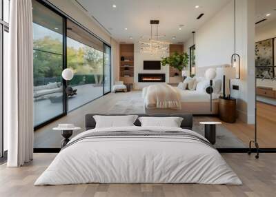 Chic master bedroom with light wood floors, a pendant light cluster, neutral tones, a plush area rug, and a sleek fireplace framed by large windows Wall mural