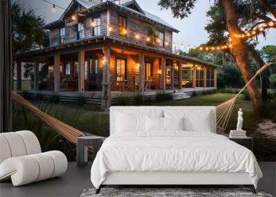 Coastal beach house exterior: Weathered wood siding, a wrap-around porch, nautical accents, seagrass landscaping, and a hammock under twinkling string lights Wall mural