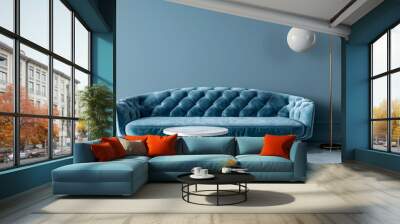 Contemporary lounge featuring a sky blue velvet sofa, marble table and a sleek floor lamp in front of sky blue wall, creating a luxurious yet modern ambiance Wall mural