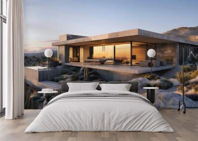 Desert oasis residence showcasing a modern villa with earthy gray tones, adobe-style stone walls, and expansive views of desert dunes under a clear sky Wall mural