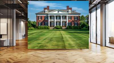 Elegant colonial-style mansion exterior with red brick walls, grand white pillars, and lush green lawn under a blue sky Wall mural