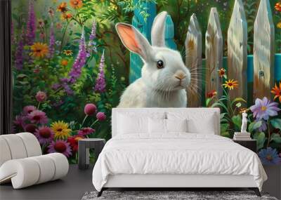 Fluffy white rabbit in blooming garden with vibrant flowers, bushes and wooden fence Wall mural