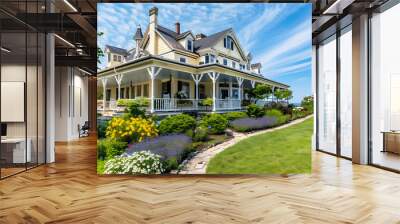 Historic coastal inn with Victorian charm, wrap-around veranda, and gardens leading to a sandy shore Wall mural