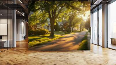 Quiet suburban street with tree-lined sidewalks, charming single-family homes under the golden evening light Wall mural