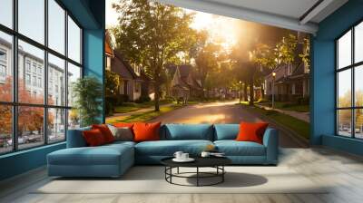 Quiet suburban street with tree-lined sidewalks, charming single-family homes under the golden evening light Wall mural