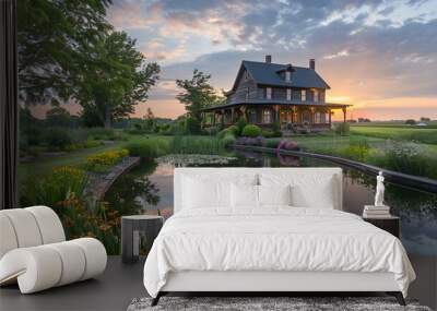 Rustic farmhouse with wraparound porch, blooming flower beds, and a tranquil pond reflecting the surrounding countryside at twilight Wall mural