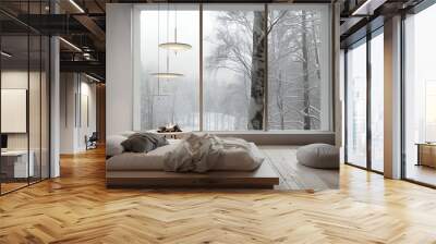 Scandinavian-inspired bedroom with light wood floors, minimalist design, a cozy reading nook, hanging pendant lights, and floor-to-ceiling windows with forest views Wall mural