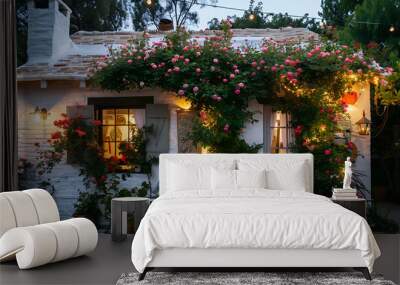 Seaside cottage with a whitewashed exterior, fairy lights twinkling, and lush climbing roses Wall mural