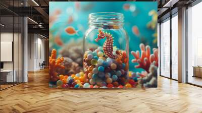 Tiny seahorses floating inside a glass jar filled with colorful marbles against a coral reef backdrop Wall mural