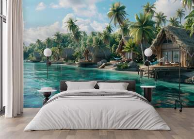 Tropical island village with thatched-roof huts, hammocks strung between palm trees, and a turquoise lagoon shimmering in the sun Wall mural