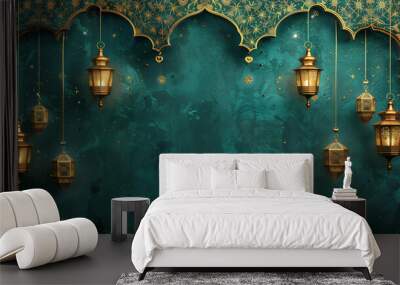  Ramadan golden lanterns on green banner background  Wall mural