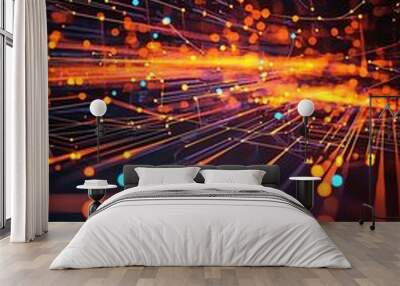 Abstract digital network with vibrant orange and blue lights representing data connections and blockchain technology. Wall mural