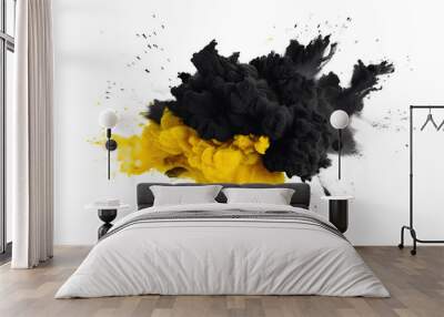 Abstract yellow and black color holi paint splashes and motion of yellow and black powder festival explosion, yellow and black dust exploding isolated on white background. Wall mural