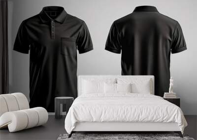 Black Pocket Polo Shirt Mockup Front and Back Views on Gray Background Wall mural