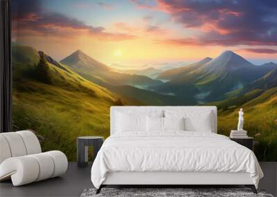 Mountain valley during sunrise natural summer fresh green spring meadows Landscape. Wall mural