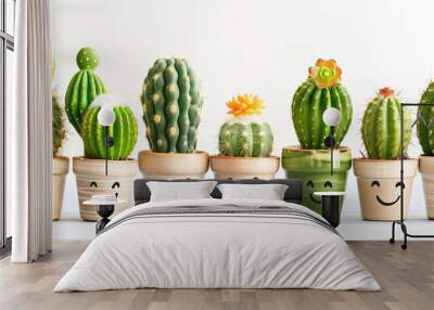 Set of smiling face variants cactus on white background Wall mural