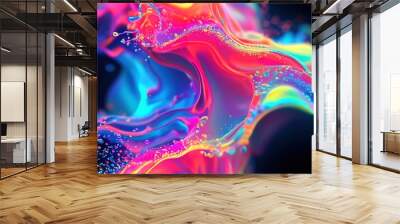 Vibrant abstract colors creating a dynamic, fluid wave pattern with neon blues and reds on a dark background. Wall mural