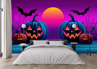 Vibrant Halloween scene with illuminated jack-o'-lanterns, bats, and a spooky moonset against a surreal purple and orange gradient sky. Wall mural