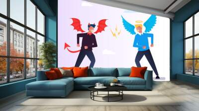 Angel and Devil character quarrels debate. God and evil conflict opposition concept. Religion vector flat cartoon graphic design isolated illustration Wall mural