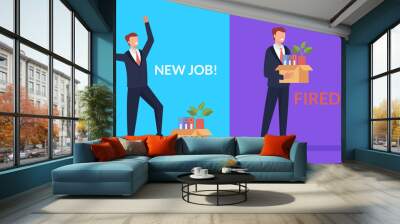 Business man office worker character find new job and lost. Being hired and fired concept. Vector design graphic flat cartoon isolated illustration Wall mural