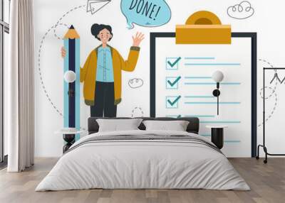 Done correct checklist red cross concept. Vector flat graphic design cartoon illustration Wall mural