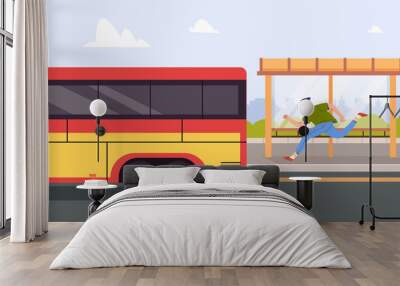 People character late and running bus concept. Vector cartoon graphic design element illustration Wall mural