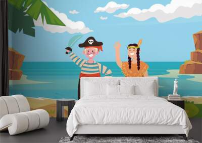 Pirate on island sea shore concept. Vector flat graphic design illustration Wall mural