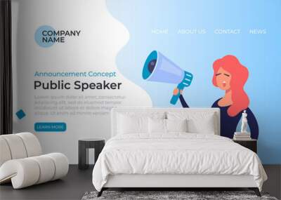 Public speaker woman banner poster. Vector flat graphic design cartoon illustration Wall mural